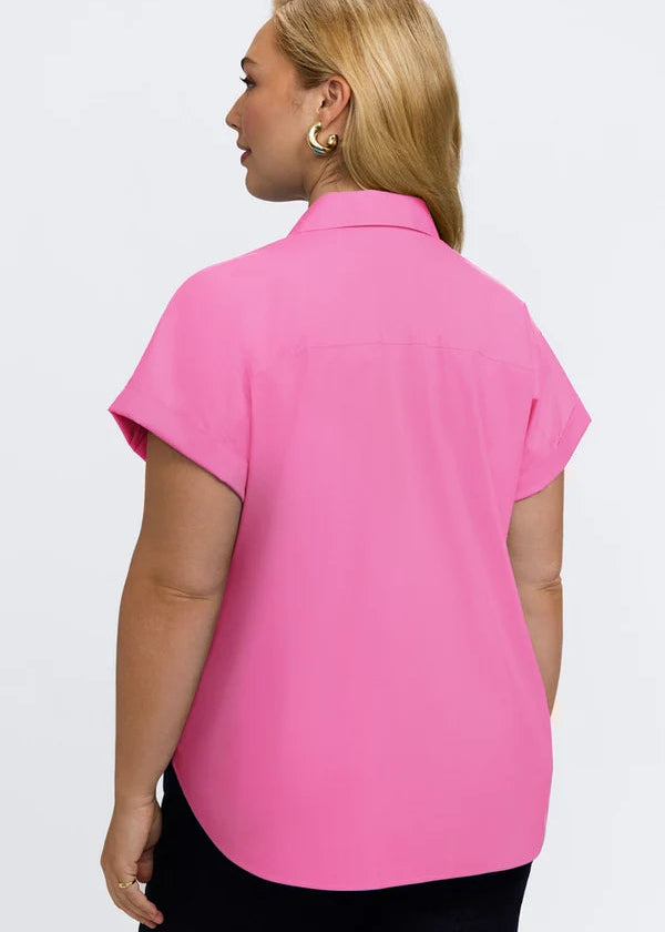 back view of plus size Foxcroft Abigail Short Sleeve Stretch Cotton Shirt in Guava Pink