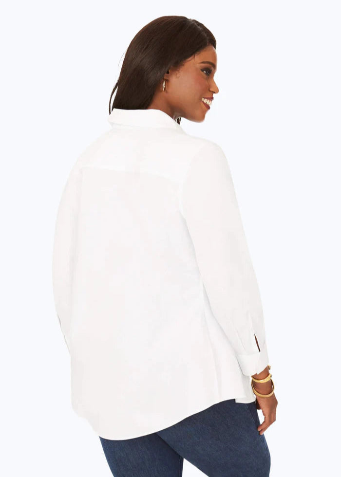 Back view of plus size Foxcroft Essential No-iron Long sleeve Pinpoint Cotton Tunic Shirt in White