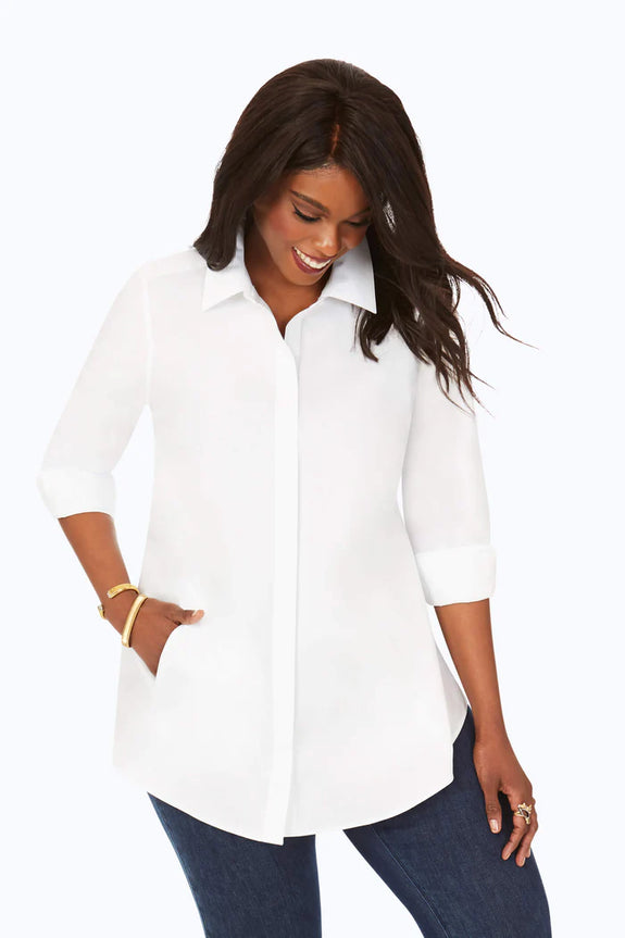 Foxcroft Non Iron Essential Cici Long Sleeve Fit & Flare Tunic in White