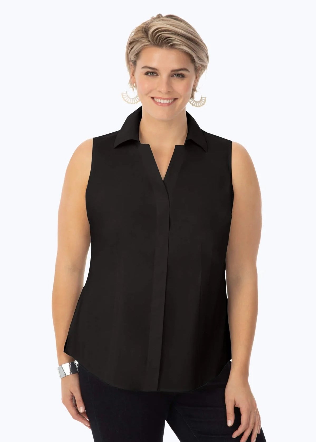 front view of plus size Foxcroft Taylor Sleeveless Shirt with Covered Placket in Black