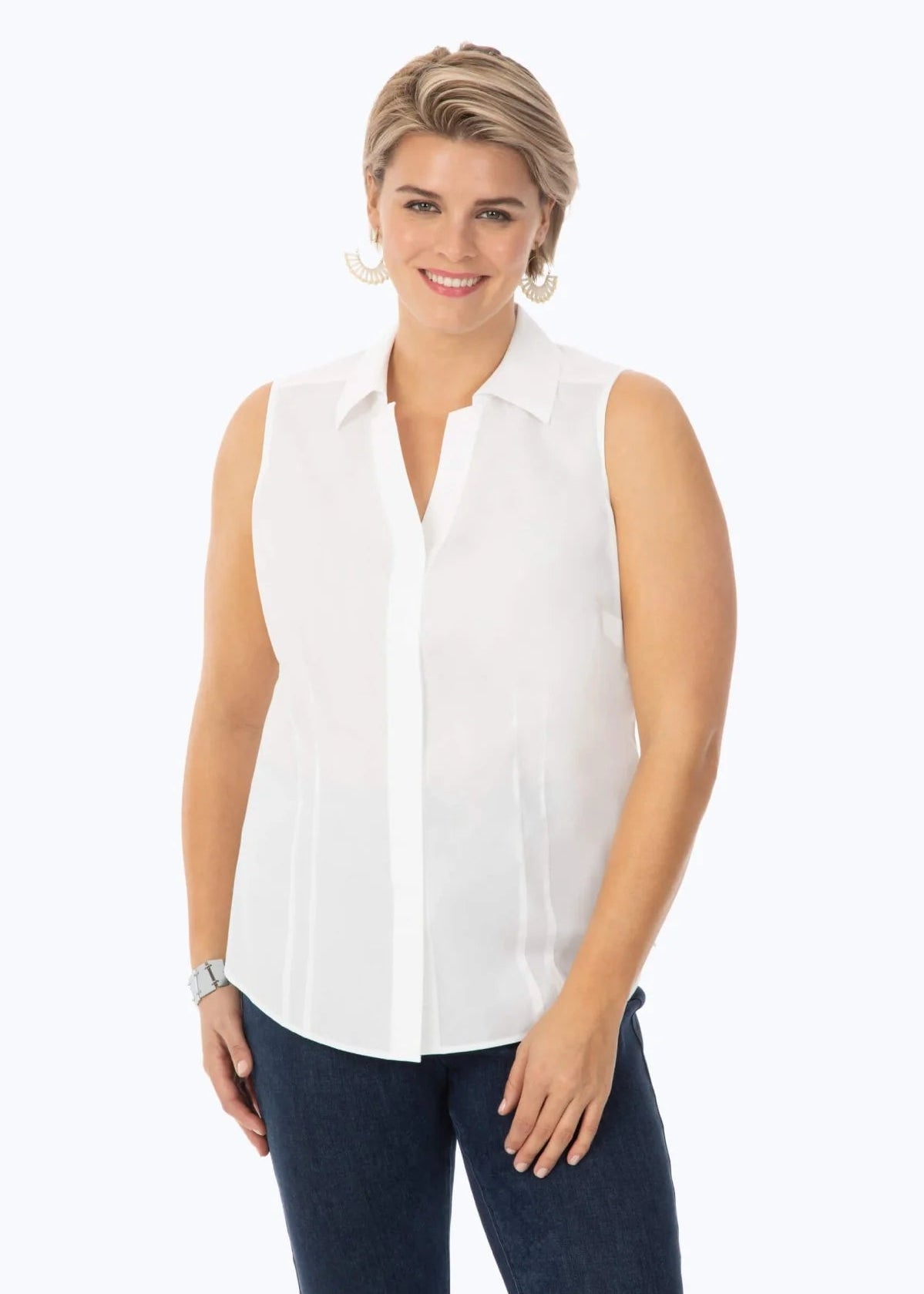 front view of plus size Foxcroft Taylor Sleeveless Shirt with Covered Placket in White