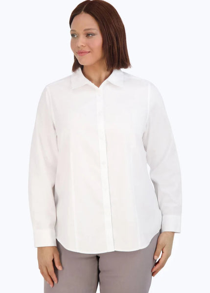 Front view of plus size Foxcroft Diana Long Sleeve Classic Cotton Shirt in White