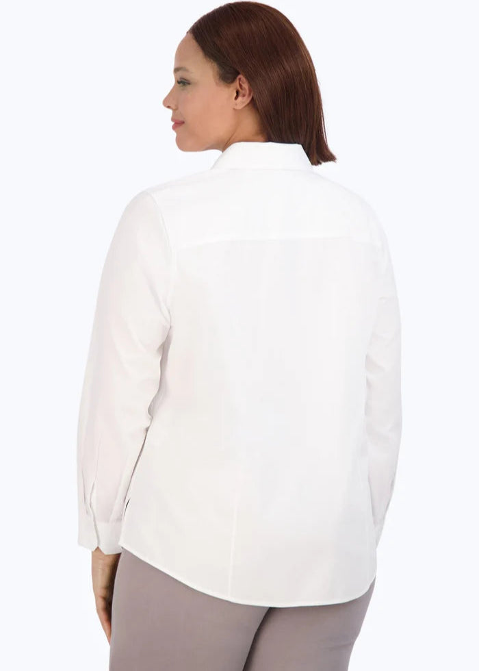 back view of plus size Foxcroft Diana Long Sleeve Classic Cotton Shirt in White