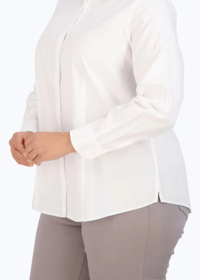 side close up view of plus size Foxcroft Diana Long Sleeve Classic Cotton Shirt in White