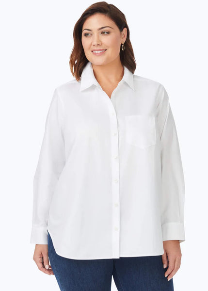 front view of plus size Foxcroft Boyfriend Pinpoint No Iron Long Sleeve Tunic Shirt in White