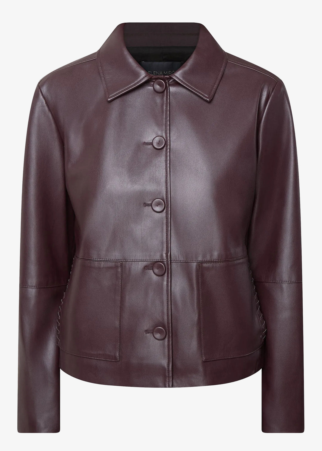 Faux leather button-front jacket in must with stand collar, front buttons, flap pockets.