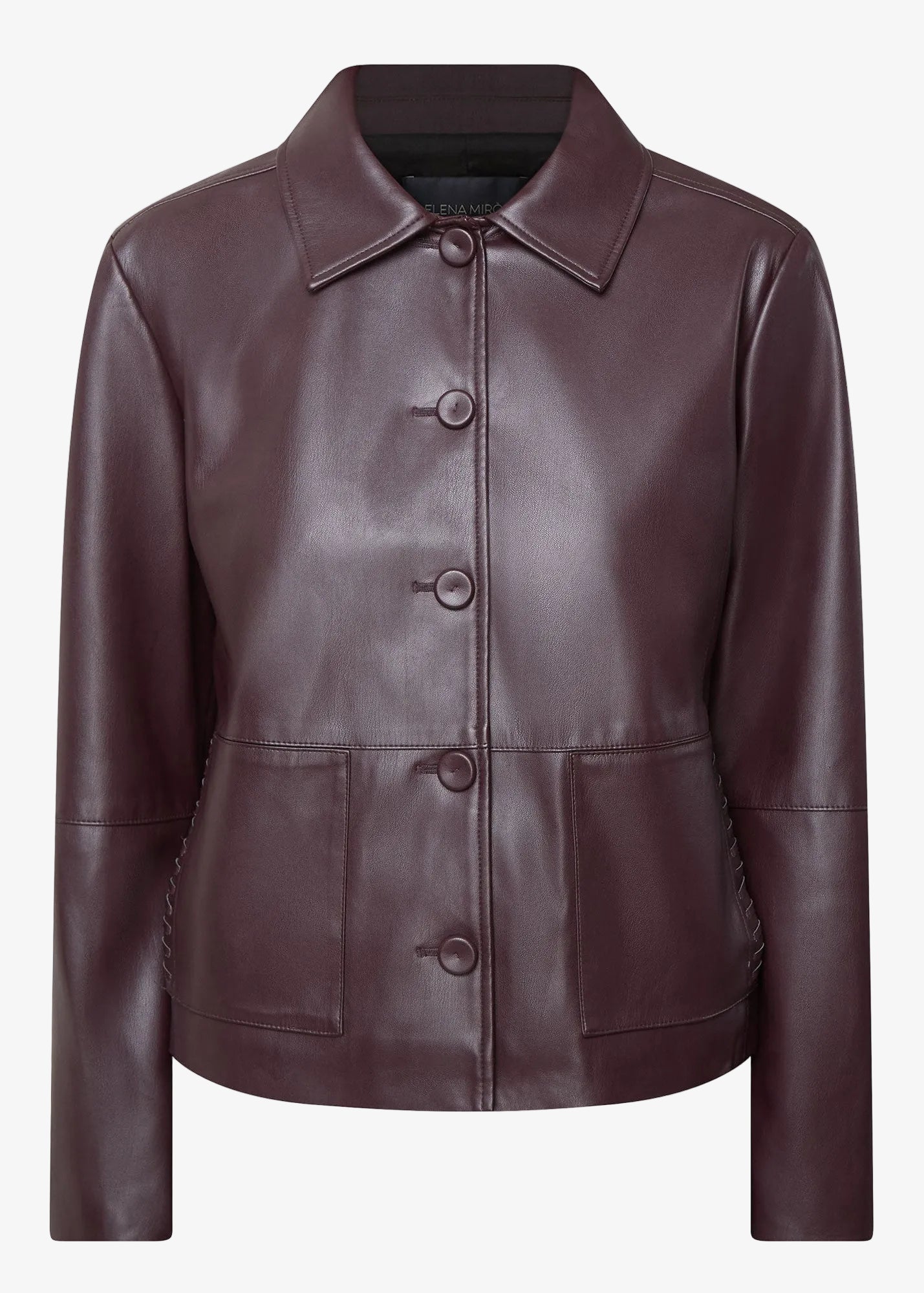 Faux leather button-front jacket in must with stand collar, front buttons, flap pockets.