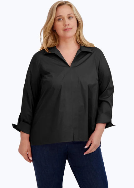 front view of plus size Foxcroft No iron stretch Long sleeve Popover Agnes Shirt in Black