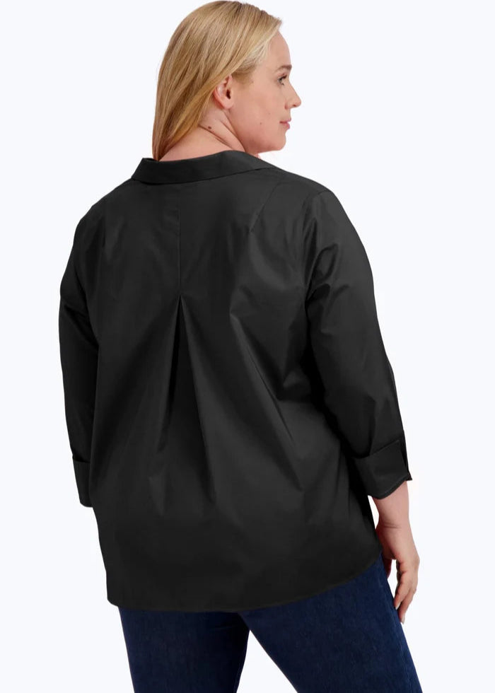 back view of plus size Foxcroft No iron stretch Long sleeve Popover Agnes Shirt in Black