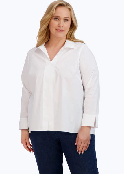 Front view of plus size Foxcroft No iron stretch Long sleeve Popover Agnes Shirt in White