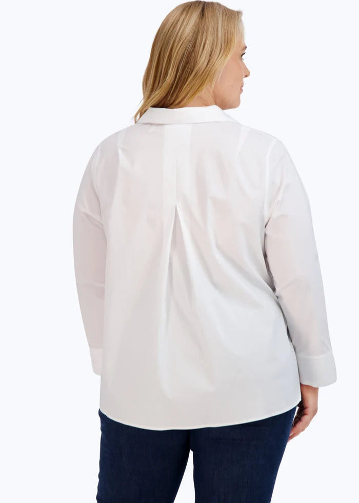 Back view of plus size Foxcroft No iron stretch Long sleeve Popover Agnes Shirt in White