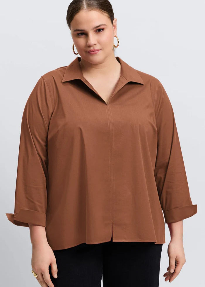 Front view of plus size Foxcroft No iron stretch Long sleeve Popover Agnes Shirt in Macchiato
