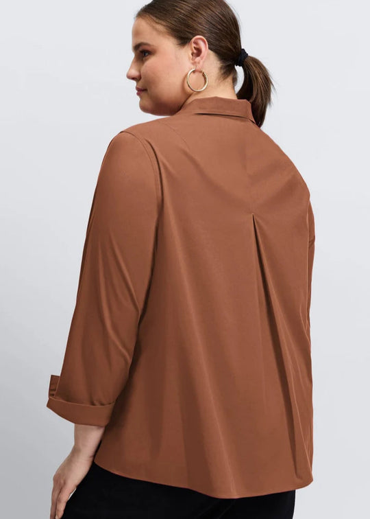 back view of plus size Foxcroft No iron stretch Long sleeve Popover Agnes Shirt in Macchiato