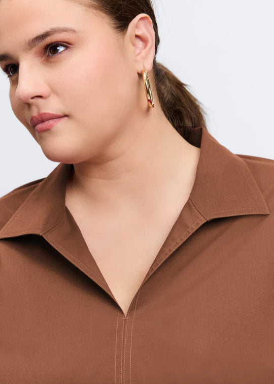 close up front view of plus size Foxcroft No iron stretch Long sleeve Popover Agnes Shirt in Macchiato