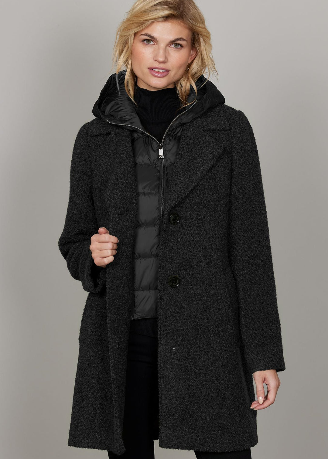 front view of plus size Junge Mathilda Boucle 2 for 1 Topper with Quilted Vest in Black