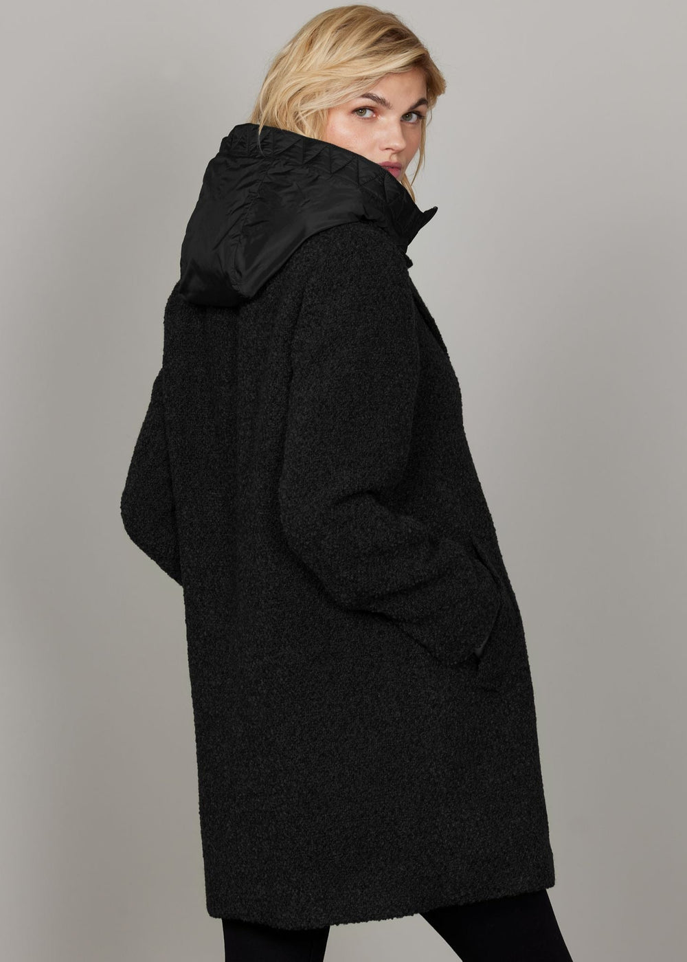back view of plus size Junge Mathilda Boucle 2 for 1 Topper with Quilted Vest in Black