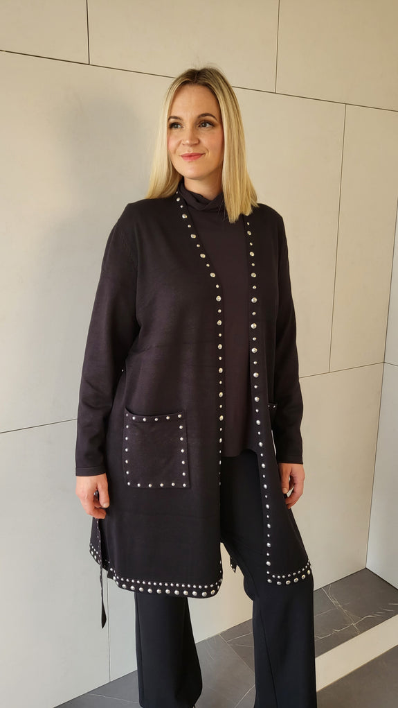 Joseph Ribkoff Studded Long Cardigan with Tie Belt in Black