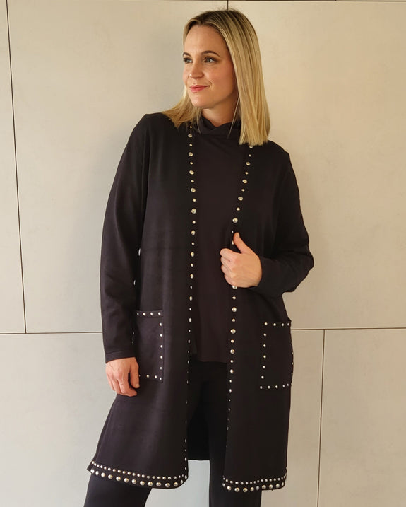 Joseph Ribkoff Studded Long Cardigan with Tie Belt in Black