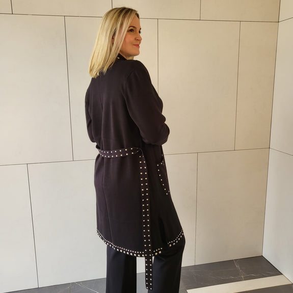 Joseph Ribkoff Studded Long Cardigan with Tie Belt in Black
