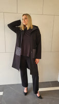 Joseph Ribkoff Ponte Long Hooded Stretch Jacket with Quilting detail in Black
