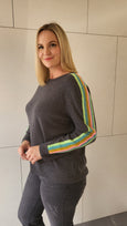 Lisa Todd Linked in Crochet Striped sleeve Cashmere Sweater in Flannel