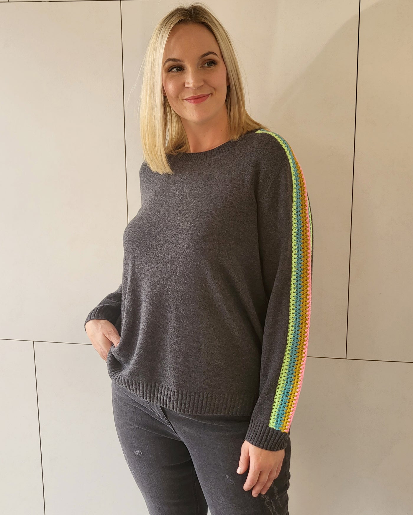 Lisa Todd Linked in Crochet Striped sleeve Cashmere Sweater in Flannel