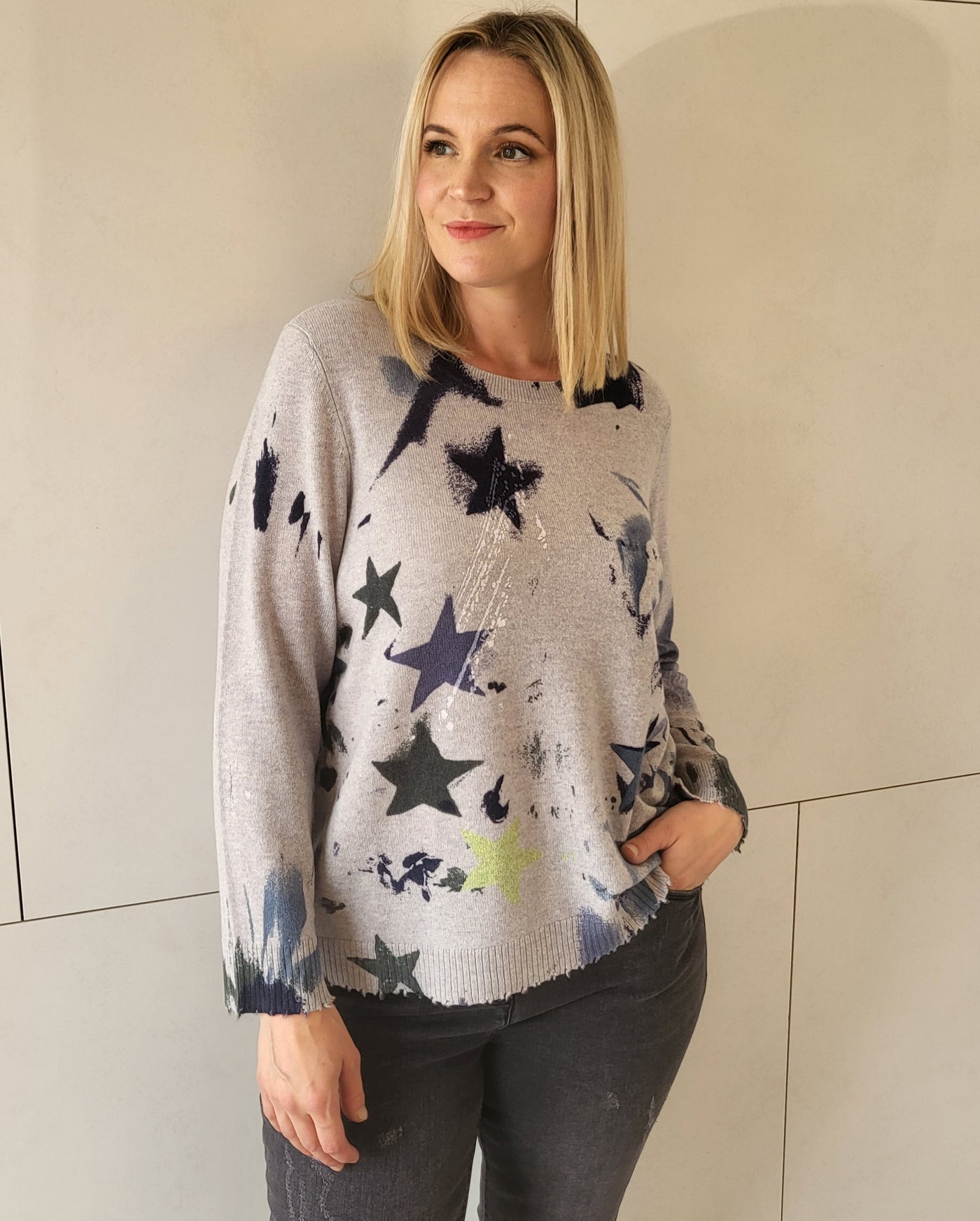 Lisa Todd Supernova Star Art Long Sleeve Cashmere Sweater in Silver Mist