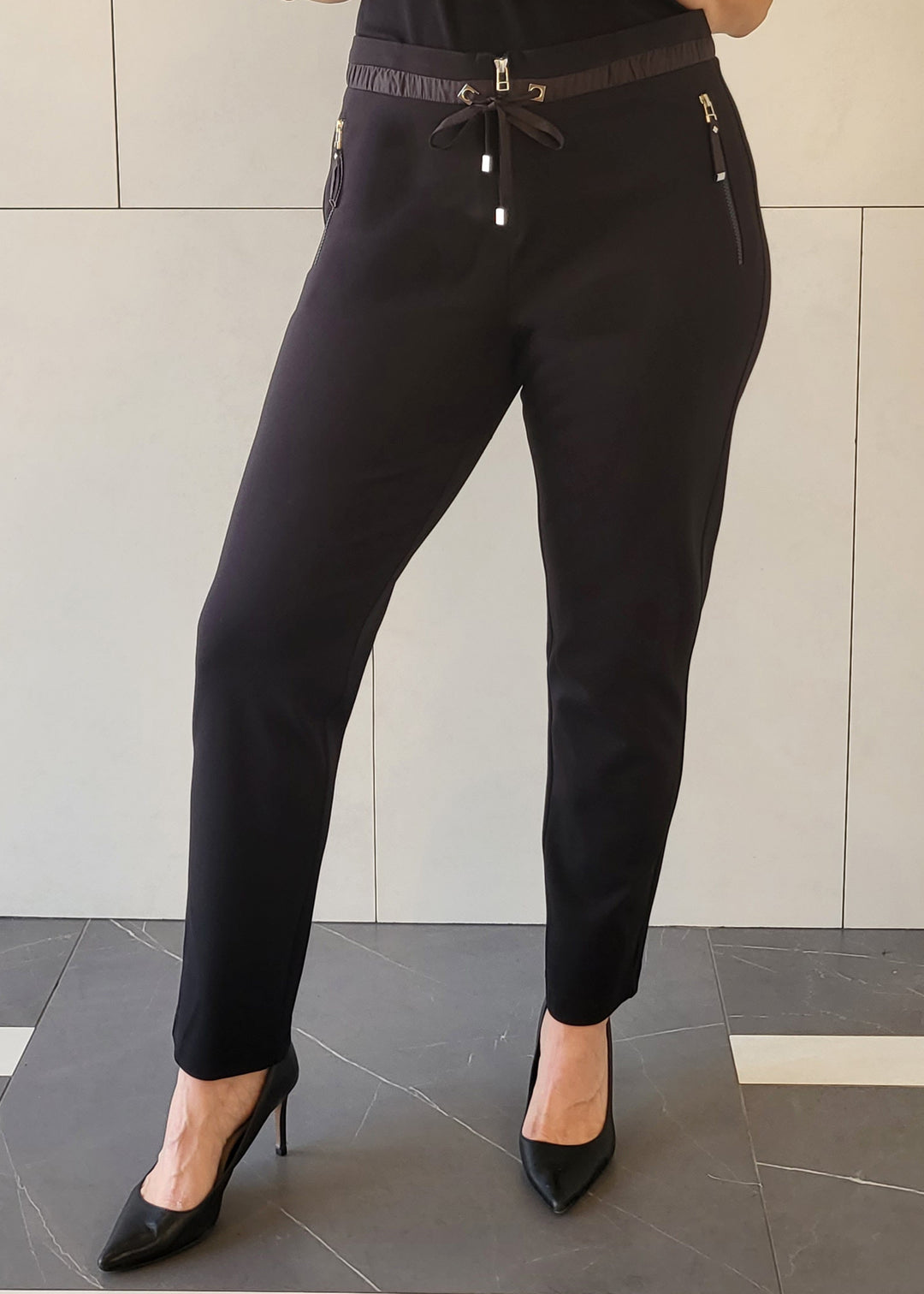 I'cona Drawstring Waist Ponte Pant with Zip Tab Detail in Black