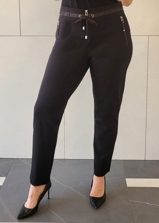 I'cona Drawstring Waist Ponte Pant with Zip Tab Detail in Black