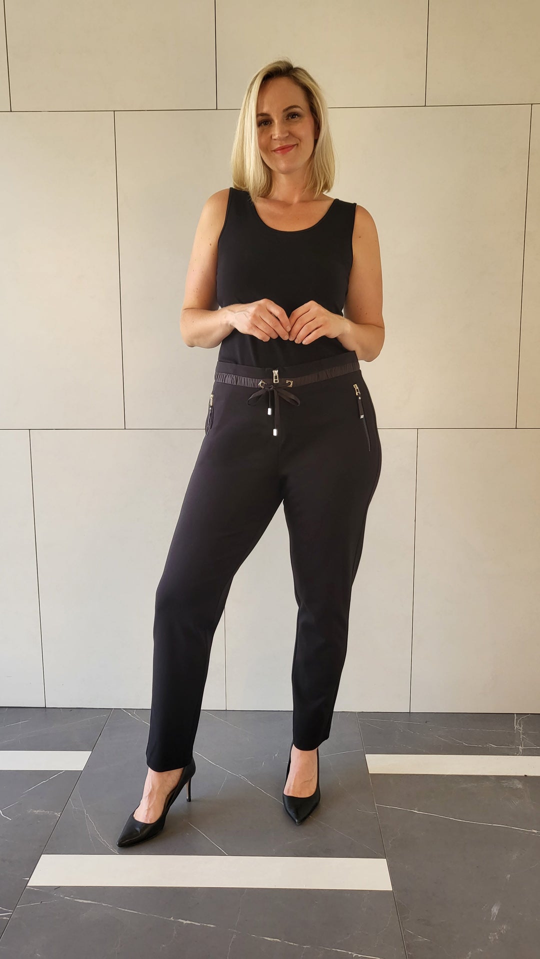 I'cona Drawstring Waist Ponte Pant with Zip Tab Detail in Black