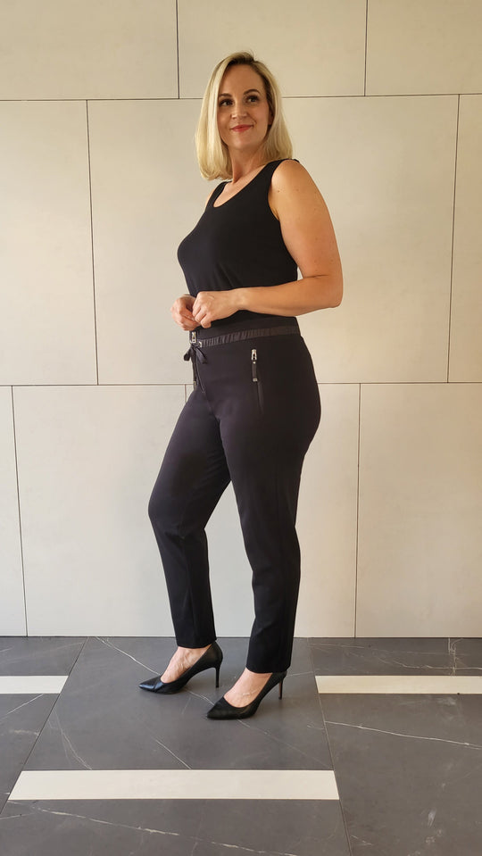I'cona Drawstring Waist Ponte Pant with Zip Tab Detail in Black