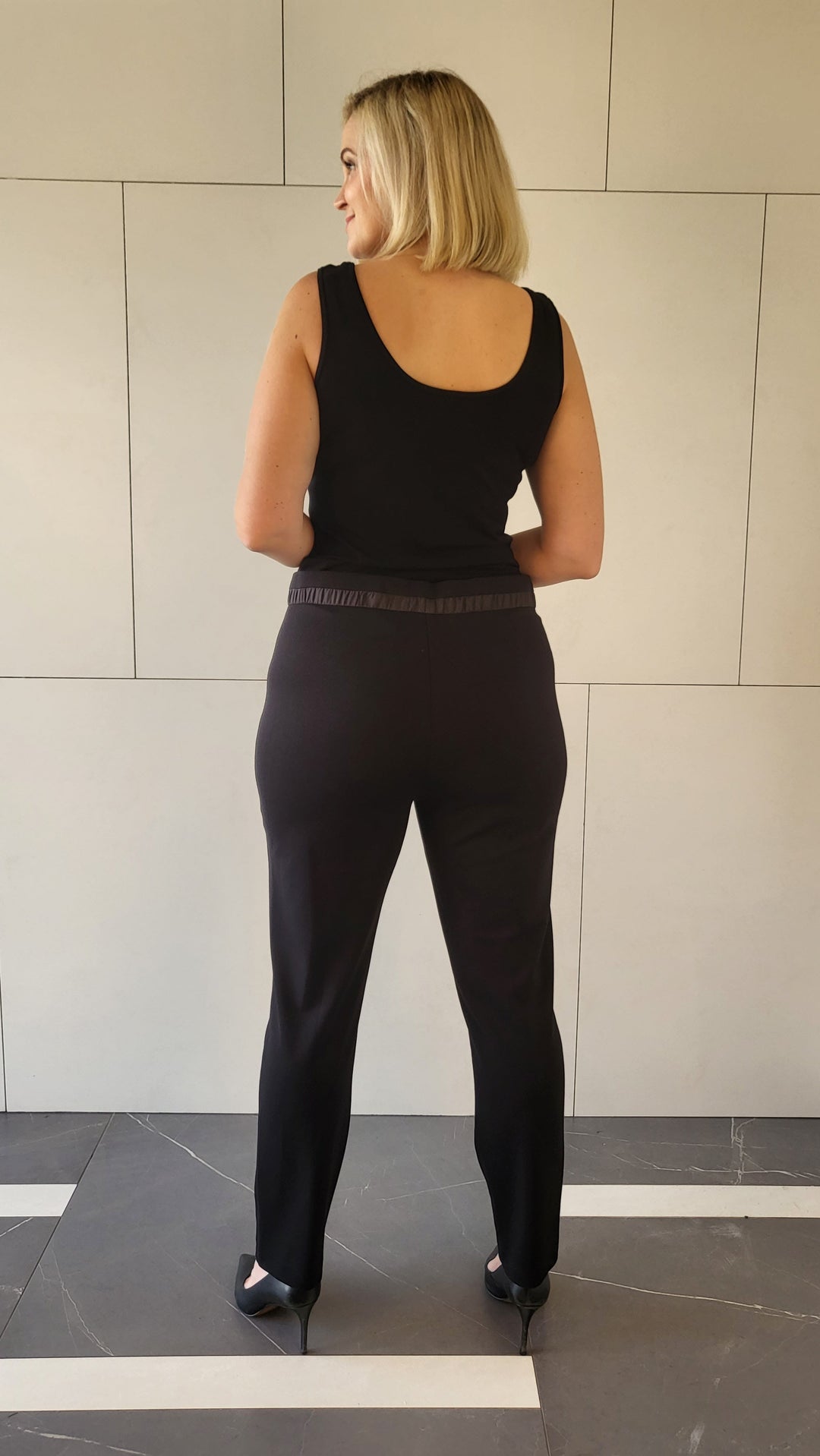 I'cona Drawstring Waist Ponte Pant with Zip Tab Detail in Black