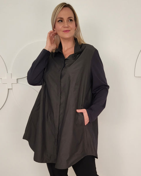 Toni T. Taffeta long shirt with Jersey Sleeves in Dk. Taupe