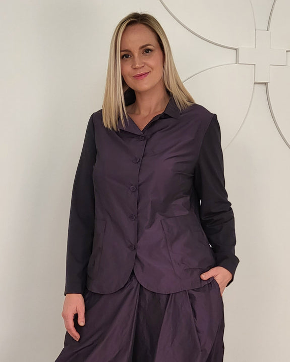 Toni T. Iridescent Taffeta Jacket with Jersey Sleeves in Violet