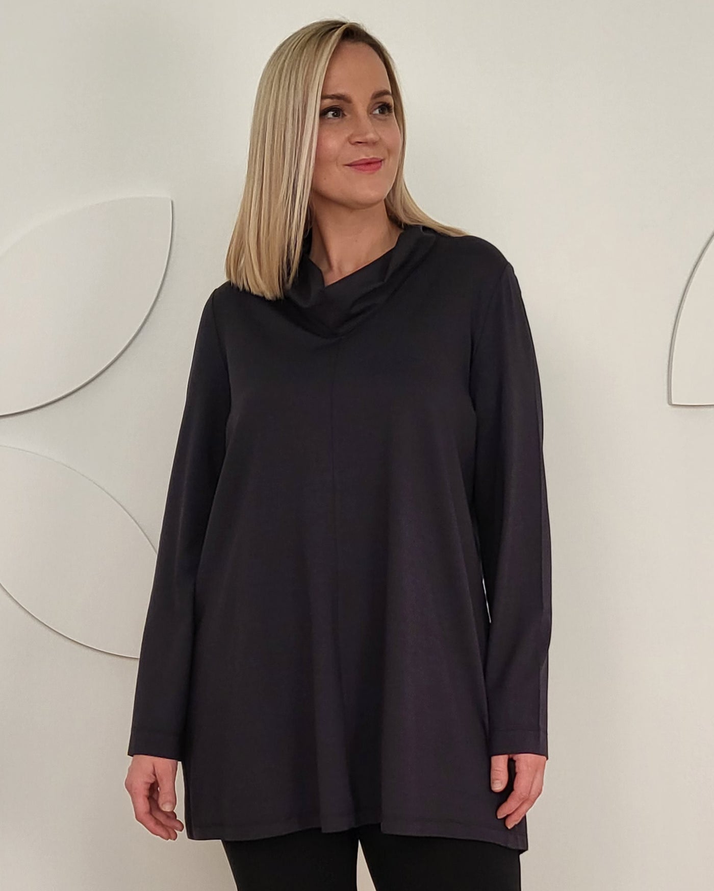 Toni T. Long Jersey A-line Tunic with Cowlneck in Black