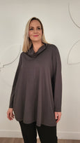 Toni T. Long Jersey A-line Tunic with Cowlneck in Dark Taupe