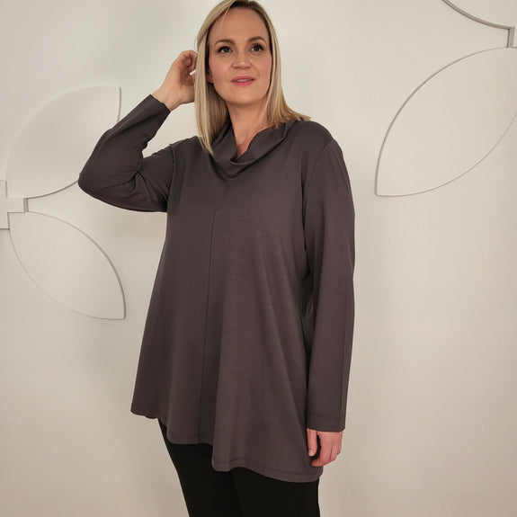 Toni T. Long Jersey A-line Tunic with Cowlneck in Dark Taupe