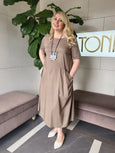 Toni T. Stretch Poplin A-Line Dress with Asymmetrical Seam and Gathered Pocket in Khaki