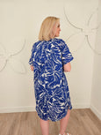 Samoon Short Sleeve Cotton Print Shift Dress in Blue Print
