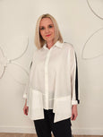 Luukaa Cotton Button Front Shirt with Staggered Hem and Stripe on Sleeve with Paint Motif Back