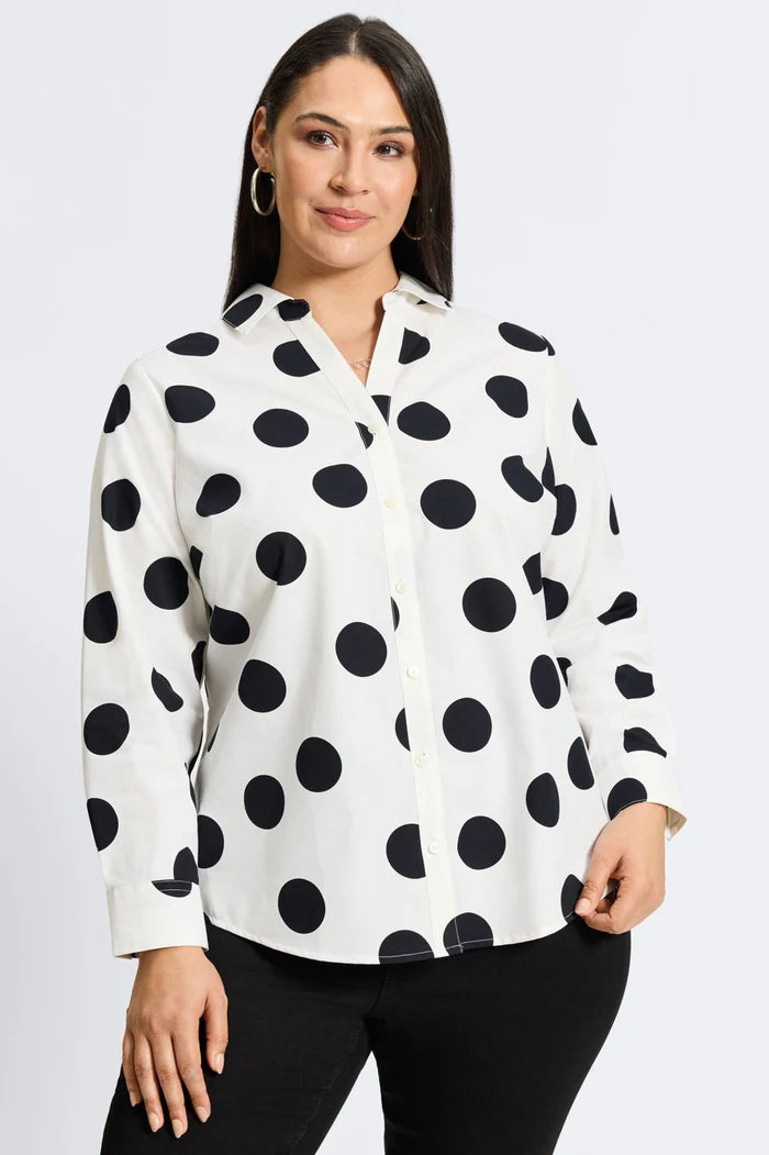 Foxcroft Mary Polka Dot Poplin Long Sleeve Shirt in Blk/Wht