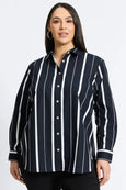 Foxcroft Variegated Stripe Boyfriend shirt with Dot Contrast cuff in Black/Wht