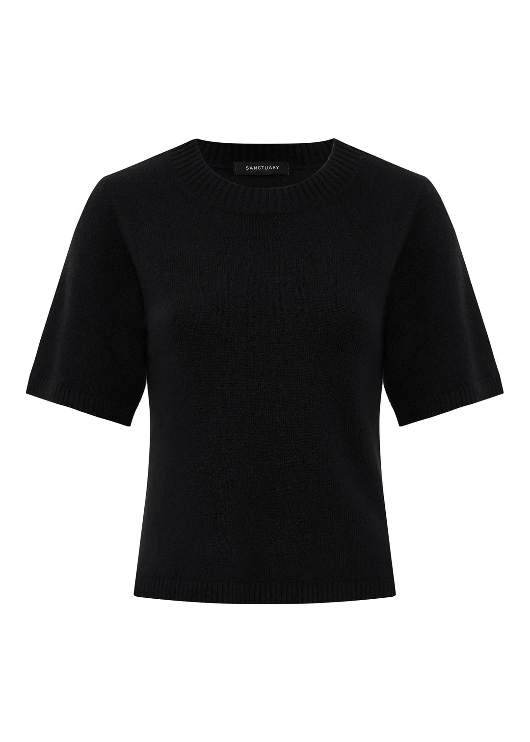A black short-sleeve knit top with a crew neck, displayed on a clean white background.