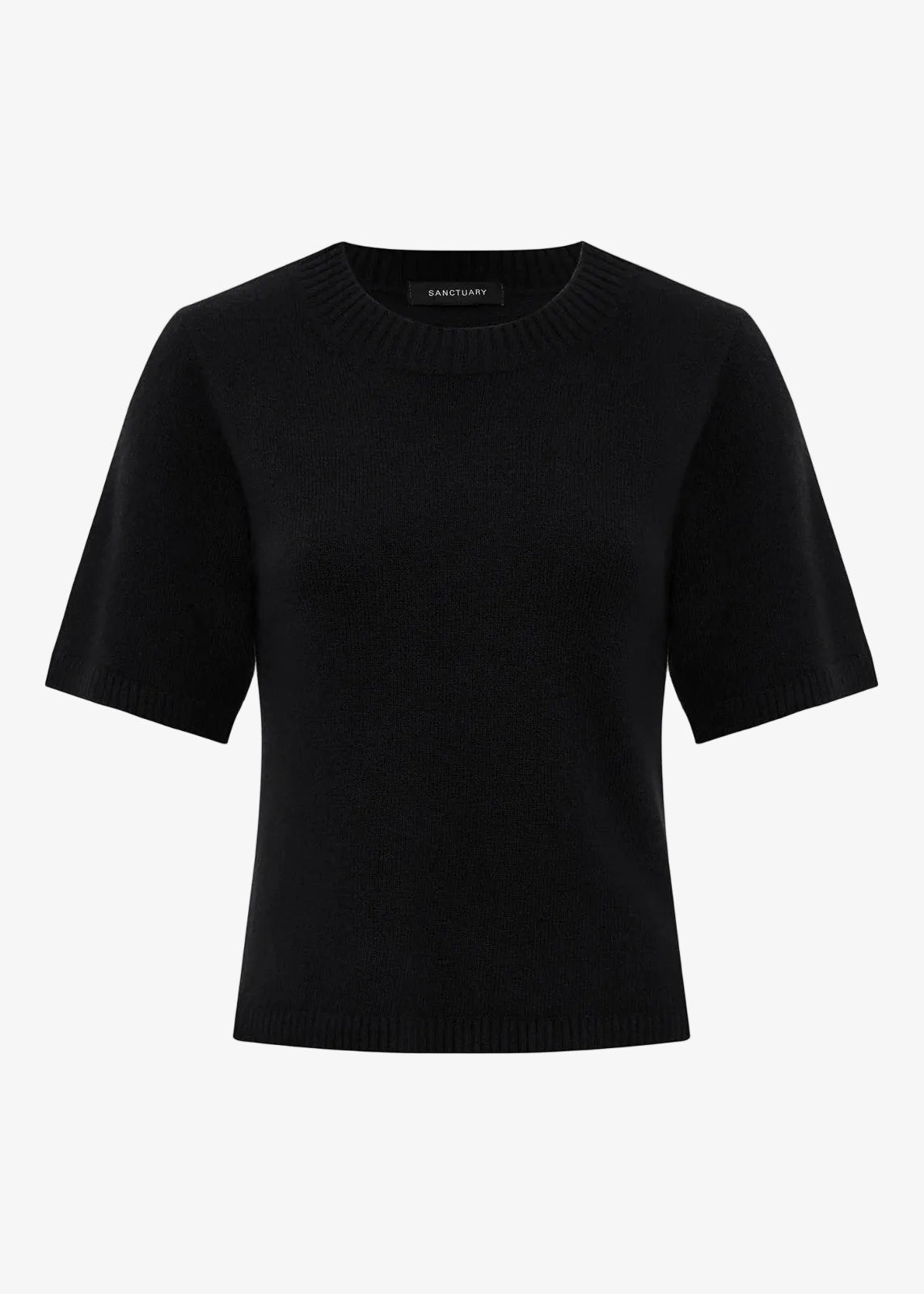 A black short-sleeve knit top with a crew neck, displayed on a clean white background.