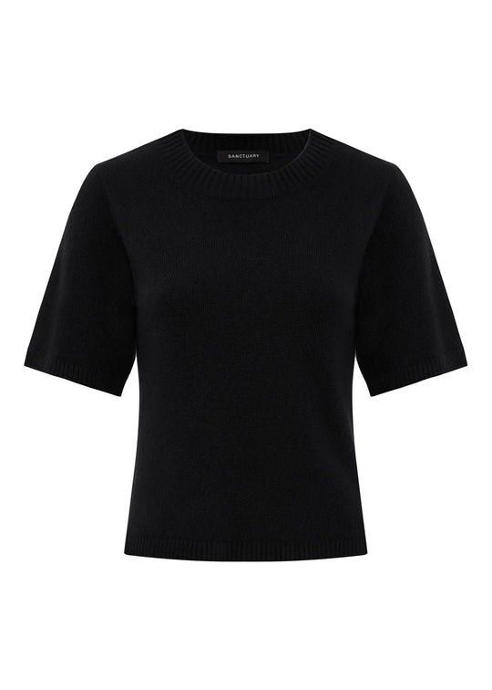 A black short-sleeve knit top with a crew neck, displayed on a clean white background.