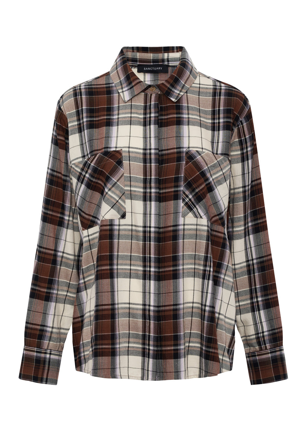 Long-sleeve plaid button-front shirt with dual chest pockets and pointed collar, front view