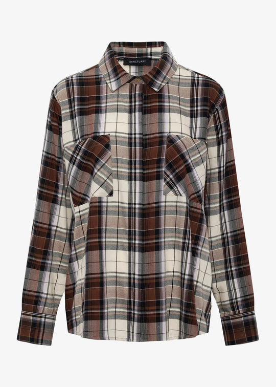 Long-sleeve plaid button-front shirt with dual chest pockets and pointed collar, front view