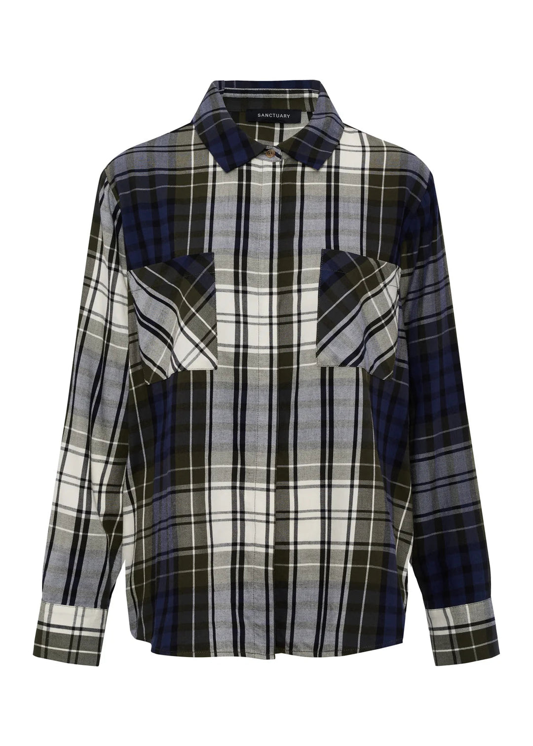 A long-sleeve plaid button-up shirt with a unique patchwork design, featuring dark blue, gray, white, and black tartan patterns across different panels, shown on a plain white background.