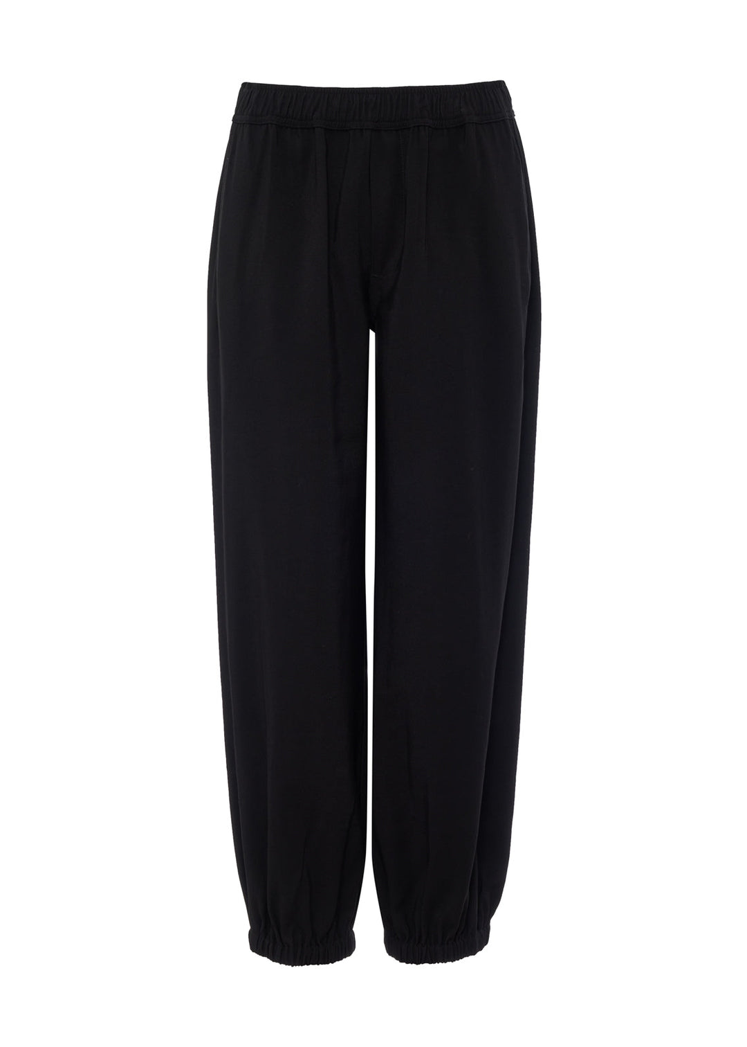 Black balloon jogger pants with elastic waistband and gathered ankle cuffs, front view