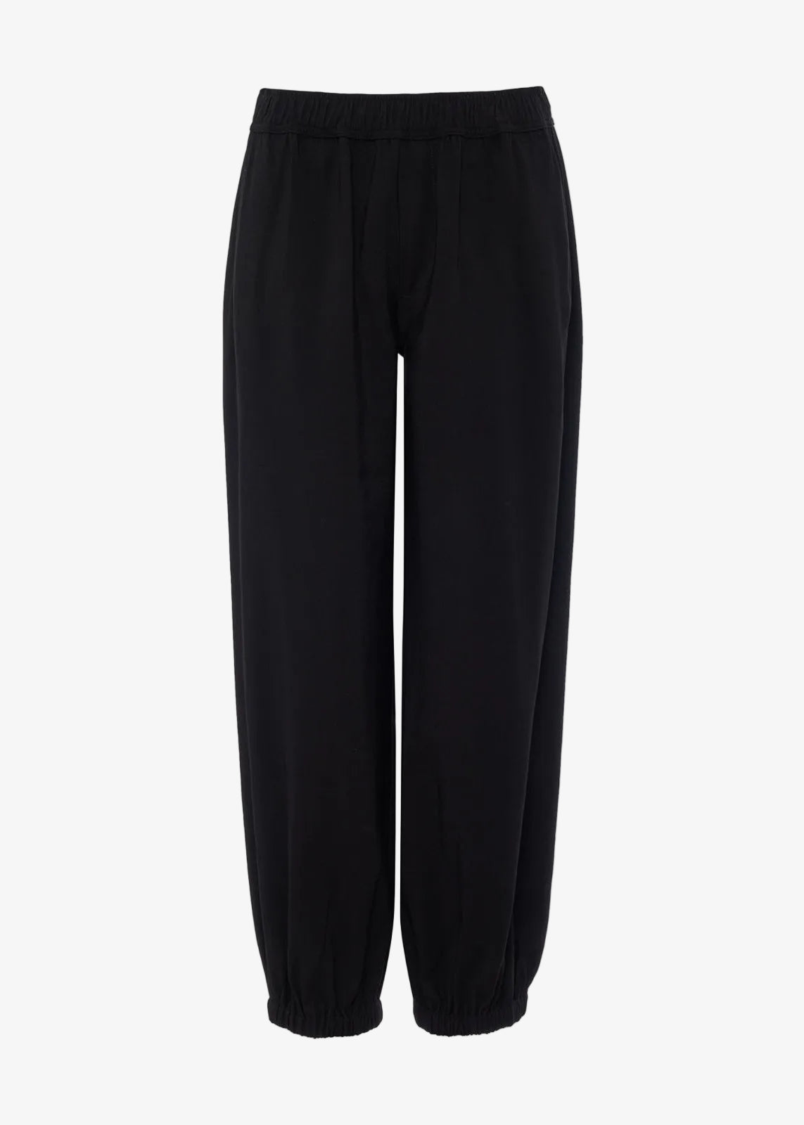 Black balloon jogger pants with elastic waistband and gathered ankle cuffs, front view